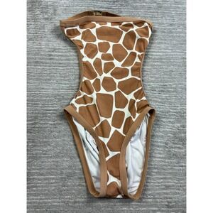 Michael Kors Swimsuit Women Brown Giraffe Print Bandeau High Leg Logo Buckle